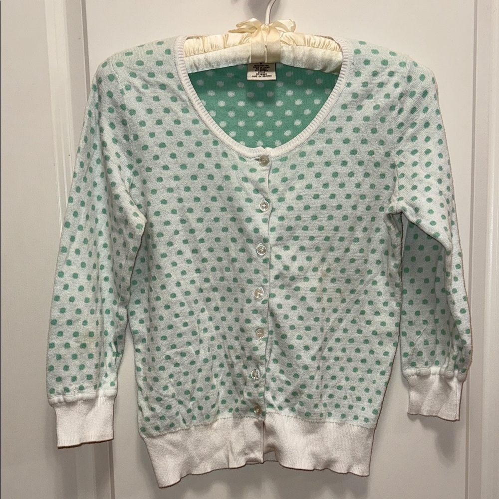 Max Studio White and Mint Polka Dot Cardigan